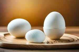 three white eggs on a wooden cutting board. AI-Generated photo