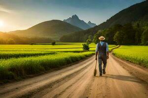 a man walking down a dirt road in the middle of a green field. AI-Generated photo