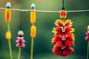 a bunch of colorful flowers hanging from a clothesline. AI-Generated photo