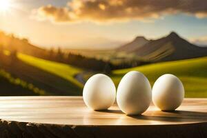 three eggs on a table in front of a mountain. AI-Generated photo