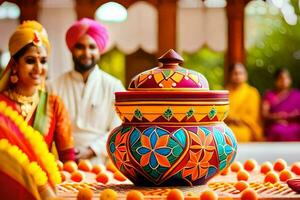 a couple in traditional indian garb standing next to a colorful pot. AI-Generated photo