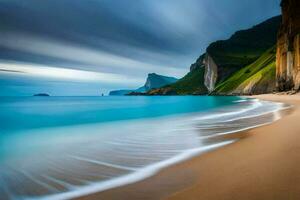 a long exposure photograph of a beach and cliffs. AI-Generated photo