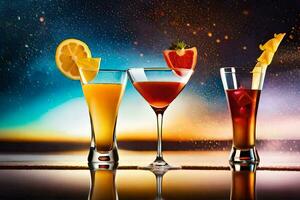 three different cocktails on a table with a starry sky in the background. AI-Generated photo