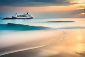 un Embarcacion en el Oceano a puesta de sol. generado por ai foto