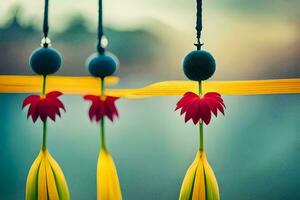 three colorful flowers hanging from a string. AI-Generated photo