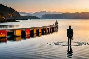 un hombre en pie en el borde de un muelle a puesta de sol. generado por ai foto