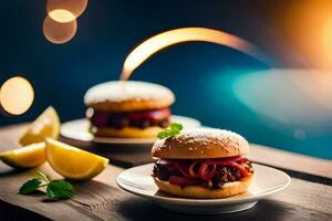 two hamburgers on plates with lemon slices. AI-Generated photo