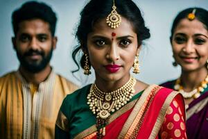 un mujer en tradicional indio atuendo con su marido y hijo. generado por ai foto