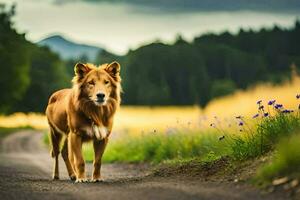 a dog walking on a road in the middle of a field. AI-Generated photo