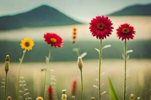 flowers in the field, mountains, flowers, nature, nature hd wallpaper. AI-Generated photo