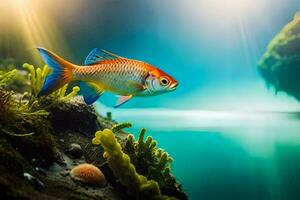 pescado en el Oceano con luz de sol brillante en él. generado por ai foto