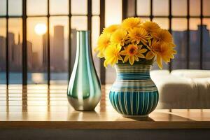 yellow flowers in a vase on a table. AI-Generated photo