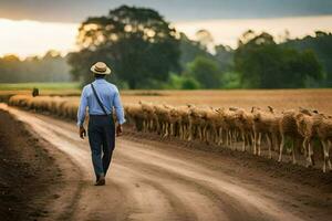 a man walking down a dirt road with sheep. AI-Generated photo