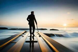 a man in a suit standing on a dock looking out to sea. AI-Generated photo