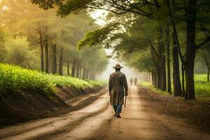 a man in a hat walks down a dirt road. AI-Generated photo