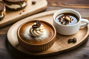 coffee and dessert on a wooden table. AI-Generated photo