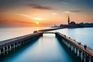 un largo exposición fotografía de un muelle a puesta de sol. generado por ai foto