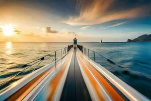 un barco es Moviente mediante el agua a puesta de sol. generado por ai foto