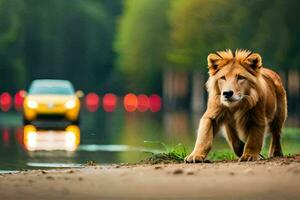 a lion walking along the road near a river. AI-Generated photo