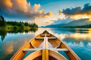 a canoe is floating on the calm waters of a lake. AI-Generated photo