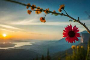 photo wallpaper the sky, flowers, the sun, the mountains, the flowers, the sun,. AI-Generated