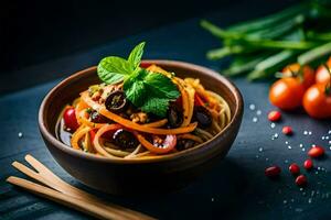 a bowl of noodles with vegetables and herbs. AI-Generated photo
