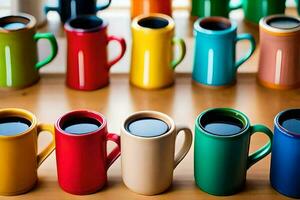many colorful coffee mugs are lined up on a table. AI-Generated photo