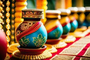 colorful vases are lined up on a table. AI-Generated photo