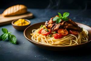 spaghetti with meat and tomatoes in a bowl. AI-Generated photo