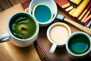 un mesa con cuatro tazas de verde té y un libro. generado por ai foto