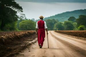 a man in red walking down a dirt road. AI-Generated photo