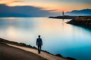 a man walks along the shore at sunset. AI-Generated photo