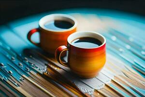 two coffee cups on a wooden table. AI-Generated photo