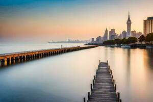 a pier leads into the water in front of a city skyline. AI-Generated photo