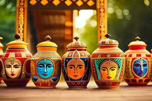 colorful pots with faces on them lined up. AI-Generated photo