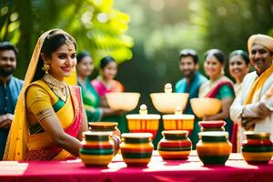 a woman in traditional indian attire is holding a pot. AI-Generated photo