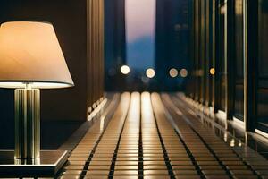 a lamp sitting on a table in front of a building. AI-Generated photo