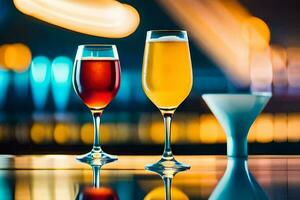 dos lentes de vino y cerveza en un bar encimera. generado por ai foto