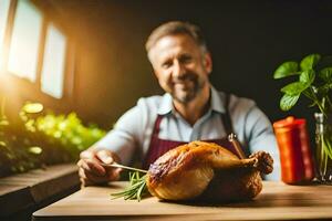 a man is holding a roasted chicken on a wooden table. AI-Generated photo