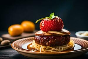 a plate with a burger and a strawberry on top. AI-Generated photo
