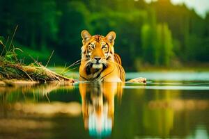 a tiger is standing in the water. AI-Generated photo