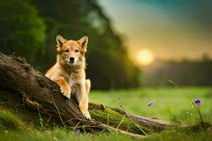 a dog sitting on a log in a field. AI-Generated photo