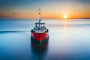 un rojo barco en el Oceano a puesta de sol. generado por ai foto