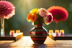 flowers in a vase on a table with candles. AI-Generated photo