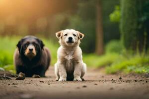 dos perros sentado en un suciedad la carretera en el bosque. generado por ai foto