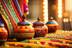 colorful pots and bowls on display at an indian market. AI-Generated photo