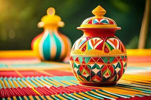 colorful vases on a colorful tablecloth. AI-Generated photo
