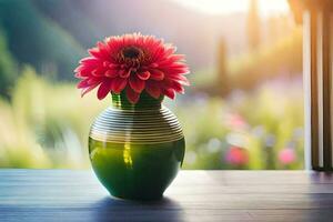 a green vase with a red flower sitting on a table. AI-Generated photo