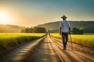 a man walking on a dirt road with cane. AI-Generated photo