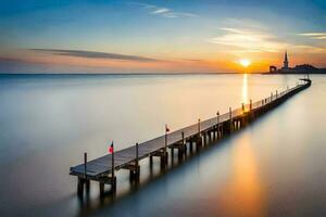 un largo exposición fotografía de un muelle en el océano. generado por ai foto